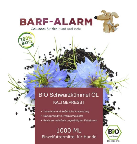 Schwarzkümmelöl (aus den Samen von Nigella sativa) in BIO-Qualität für Ihren Hund kaufen ▷ bei BARF-ALARM gleich zusammen mit dem Hundefutter bestellen