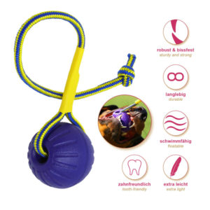 🐕 Hundeball mit Schnur - Durchmesser 7 cm - Farbe Lila - extra leicht -zahnfreundlich - schwimmfähig - Schaumstoff - Bissfest - Robust 🐾
